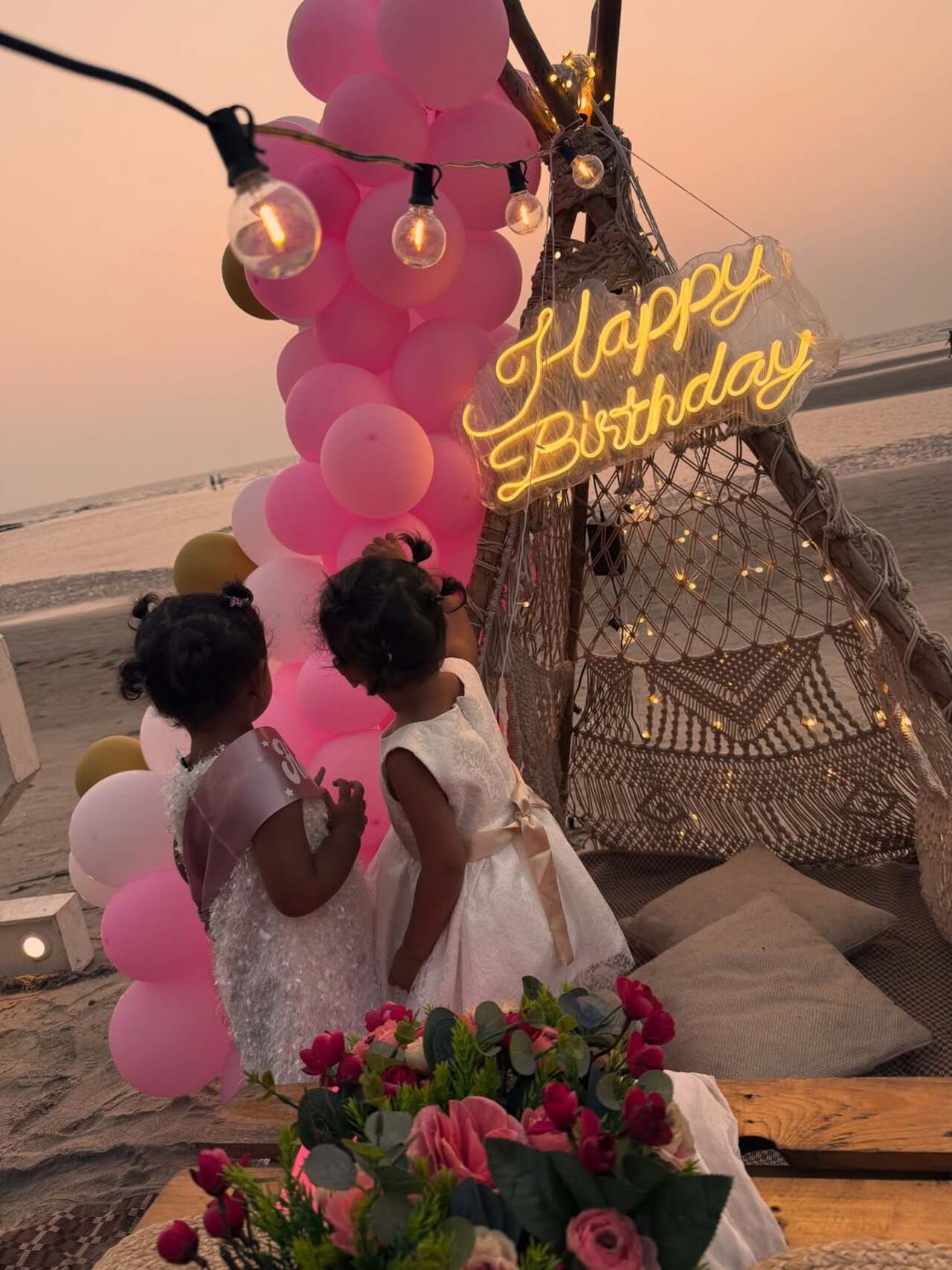 The girls are busy admiring their birthday party set up