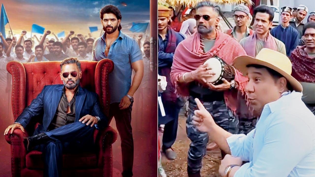 (L-R) Suniel Shetty and Roopesh Shetty in ‘Jai’; (right) Ahmed Khan directing Shetty (holding drums) and Tusshar Kapoor in ‘Welcome to the Jungle’, where th senior actor will be seen in three songs of the comedy caper