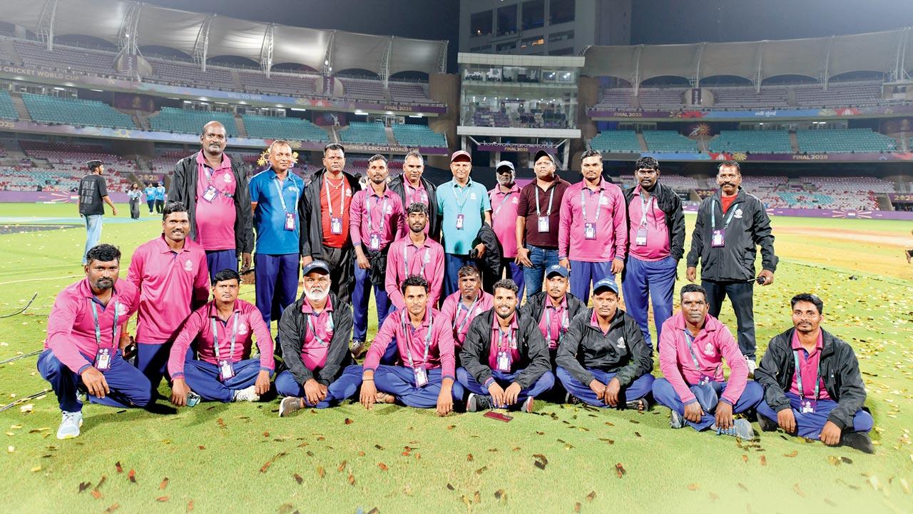 'Team of groundsmen are extremely versatile': Ground manager Manjitsingh Malhi The groundsmen at the DY Patil Stadium after the Women’s World Cup final on Sunday. Pic/Atul Kamble