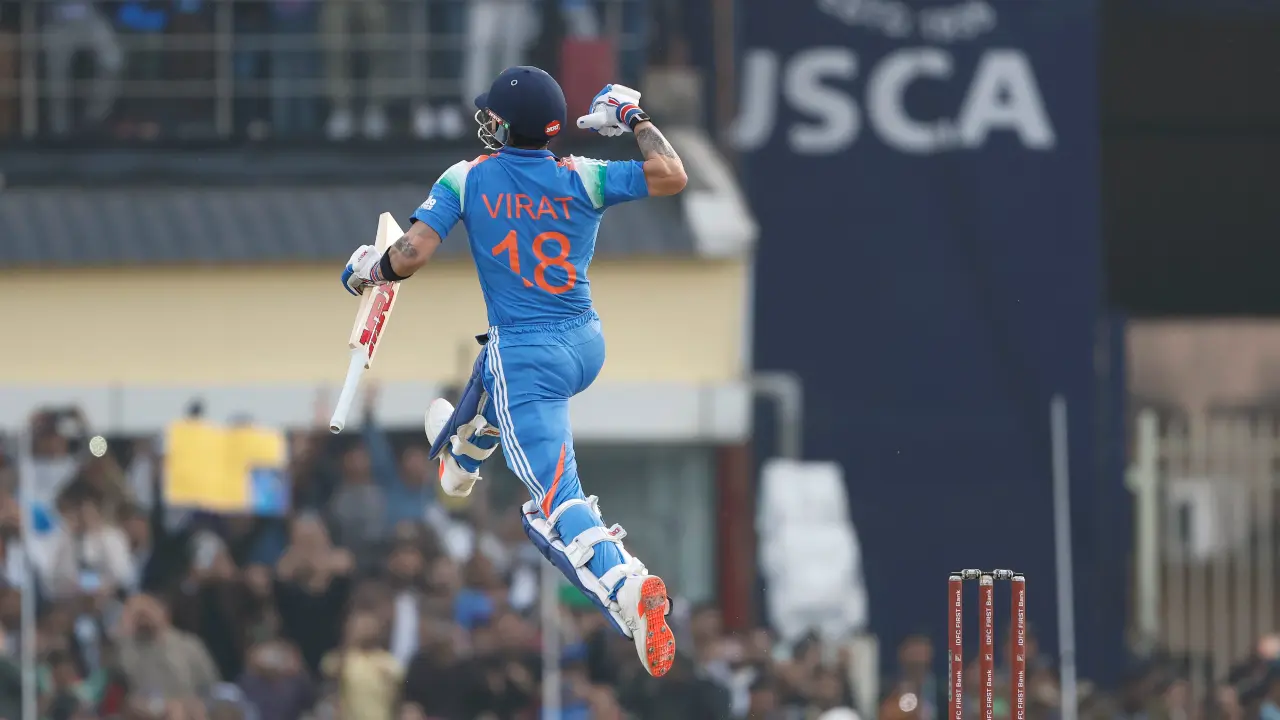 IND vs SA 1st ODI: Virat's glorious century helps India cruise to 349 runs Virat Kohli celebrates his 83rd international century in first ODI match against South Africa (Pic: X/@BCCI)
