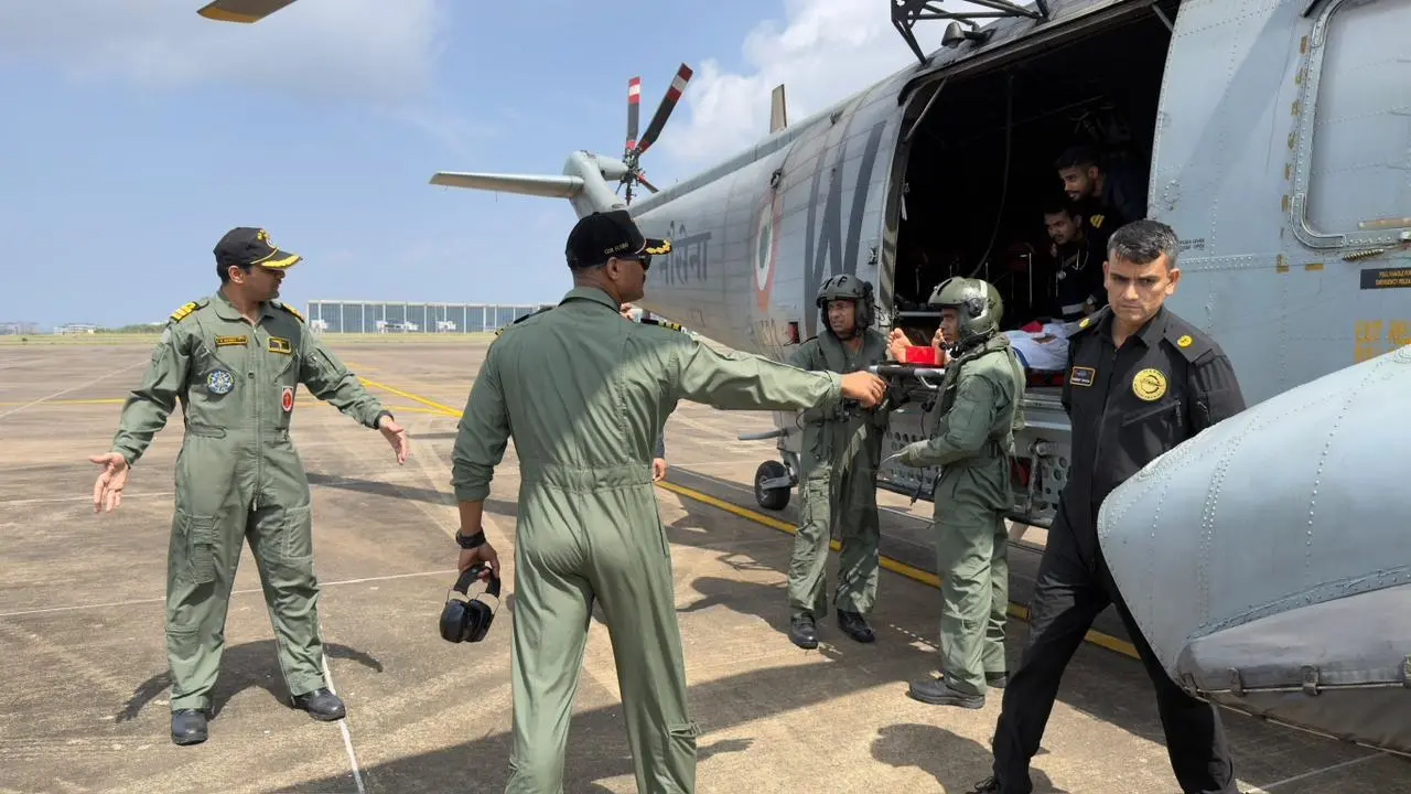 Indian Navy airlifts injured Iranian fisherman from Arabian Sea The Sea King helicopter flew over 120 nautical miles into the sea after refuelling at INS Hansa, Goa, and undertook the evacuation. PIC/DEFENCE PRO