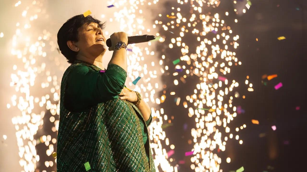 Marking seven days of Navratri with green, Falguni sang and danced as Mumbaikars welcomed rain, as she chose to wear a monotone of dark green but not without the element of gold embroidery