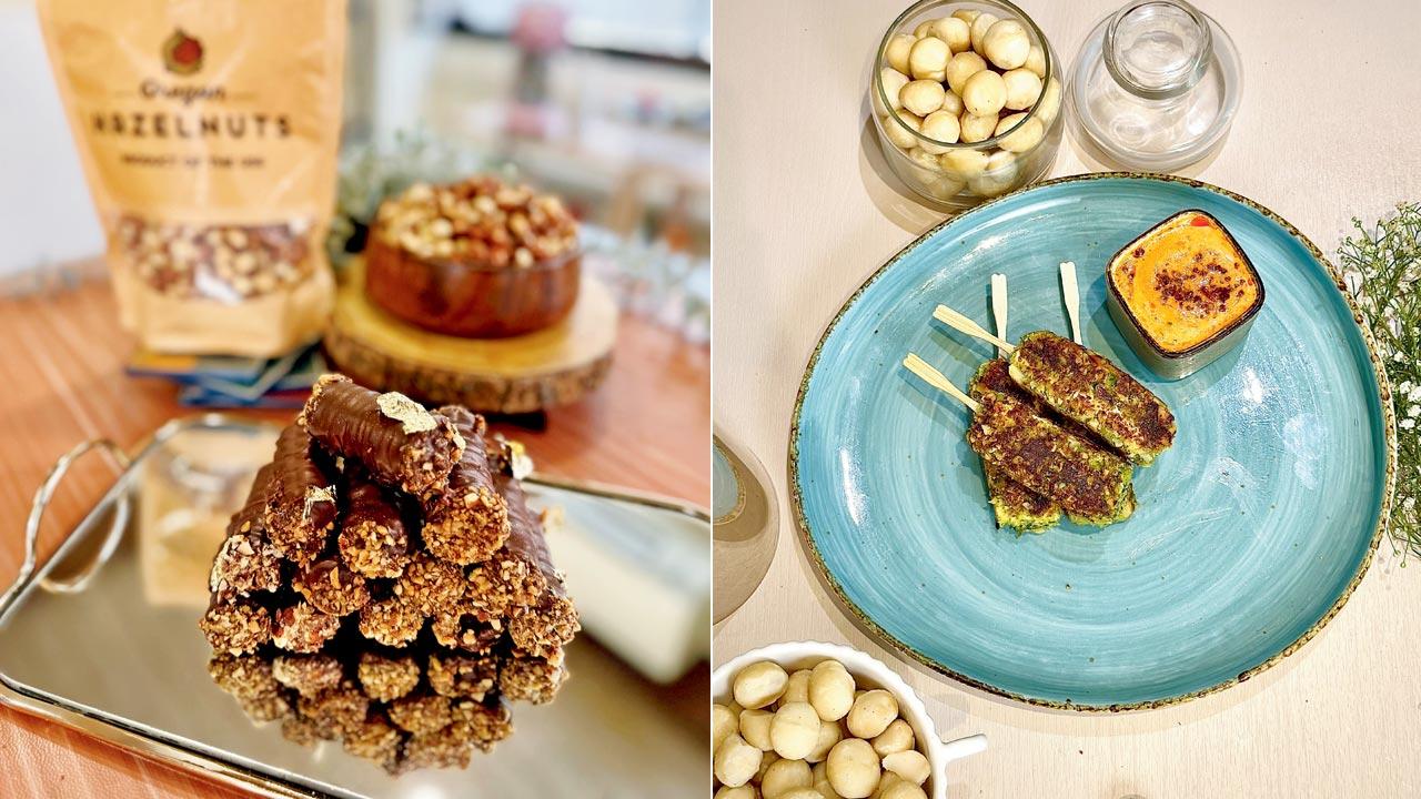 Macadamia date roll; (right) Macadamia thecha paneer