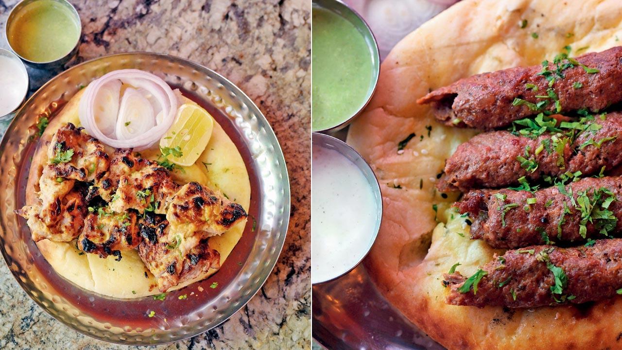 Chicken Malai Badami Tikka; (right) MUtton Seekh Kebab