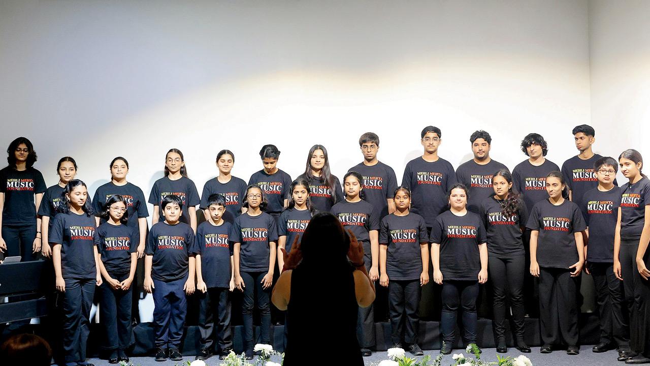 The MMMF Singing Tree Senior and Youth Choirs conducted by Rohini Basu, accompanied by Tavan Shah and Kalpesh Karde of the Udayachal High School. PICS COURTESY/MEHLI MEHTA MUSIC FOUNDATION