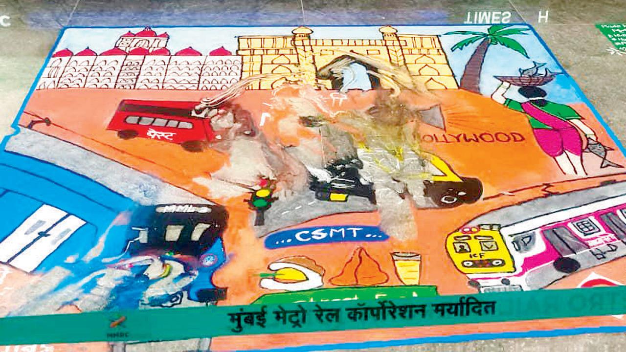 The rangoli made by Metro pilots at the Marol Naka Metro station 