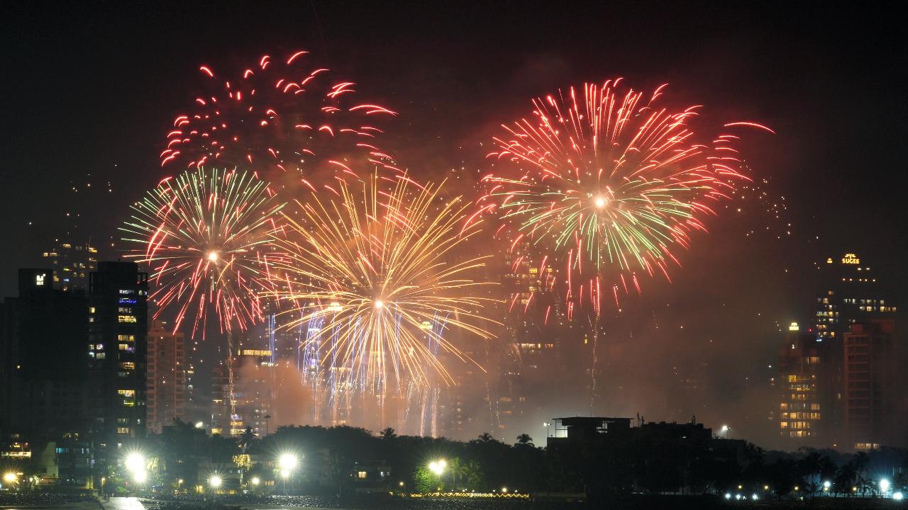 Fireworks light the sky as part of Diwali festival celebrations, at Chhatrapati Shivaji Maharaj Park in Mumbai, Tuesday, Oct. 21, 2025.