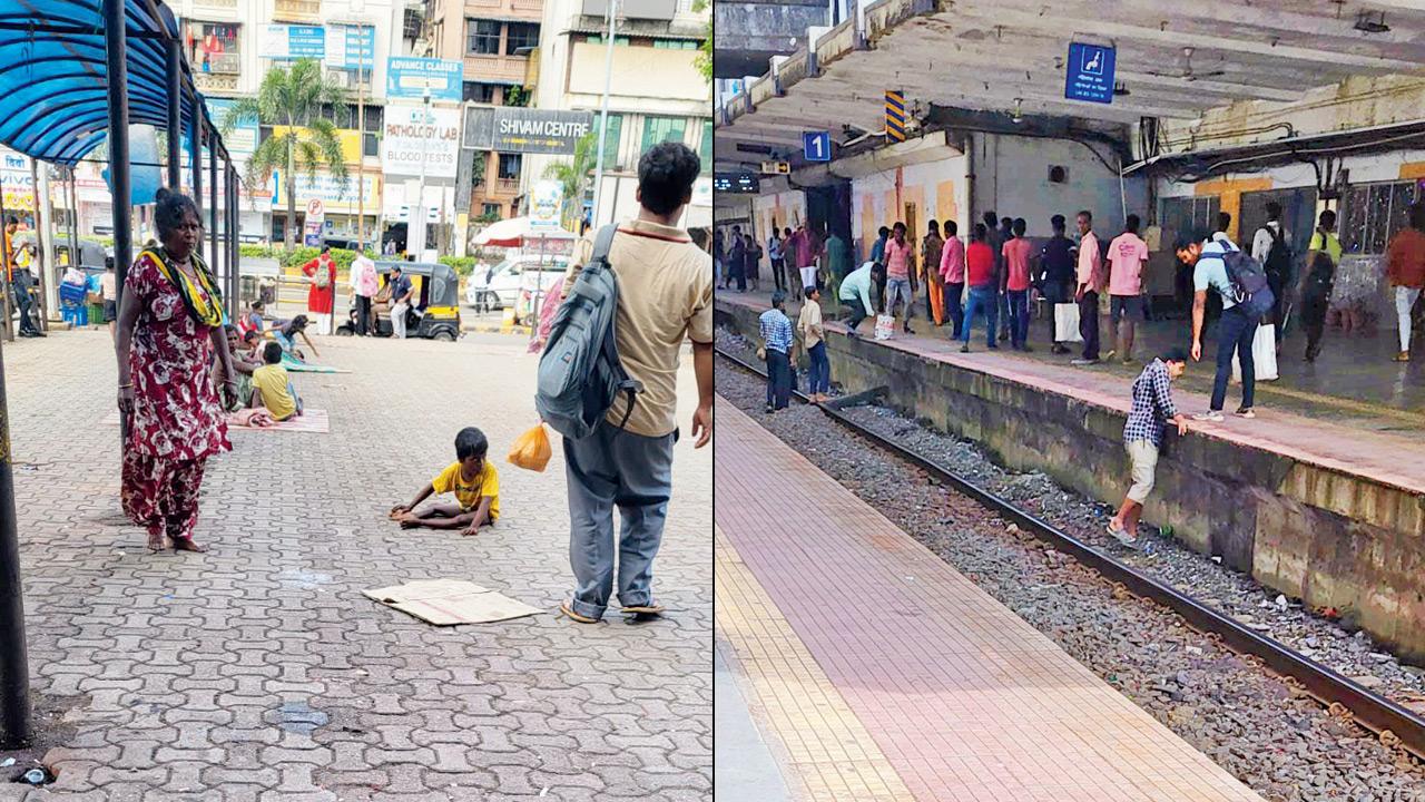 Beggars haunt the area outside Nerul railway station (right) commuters cross the tracks to change platforms