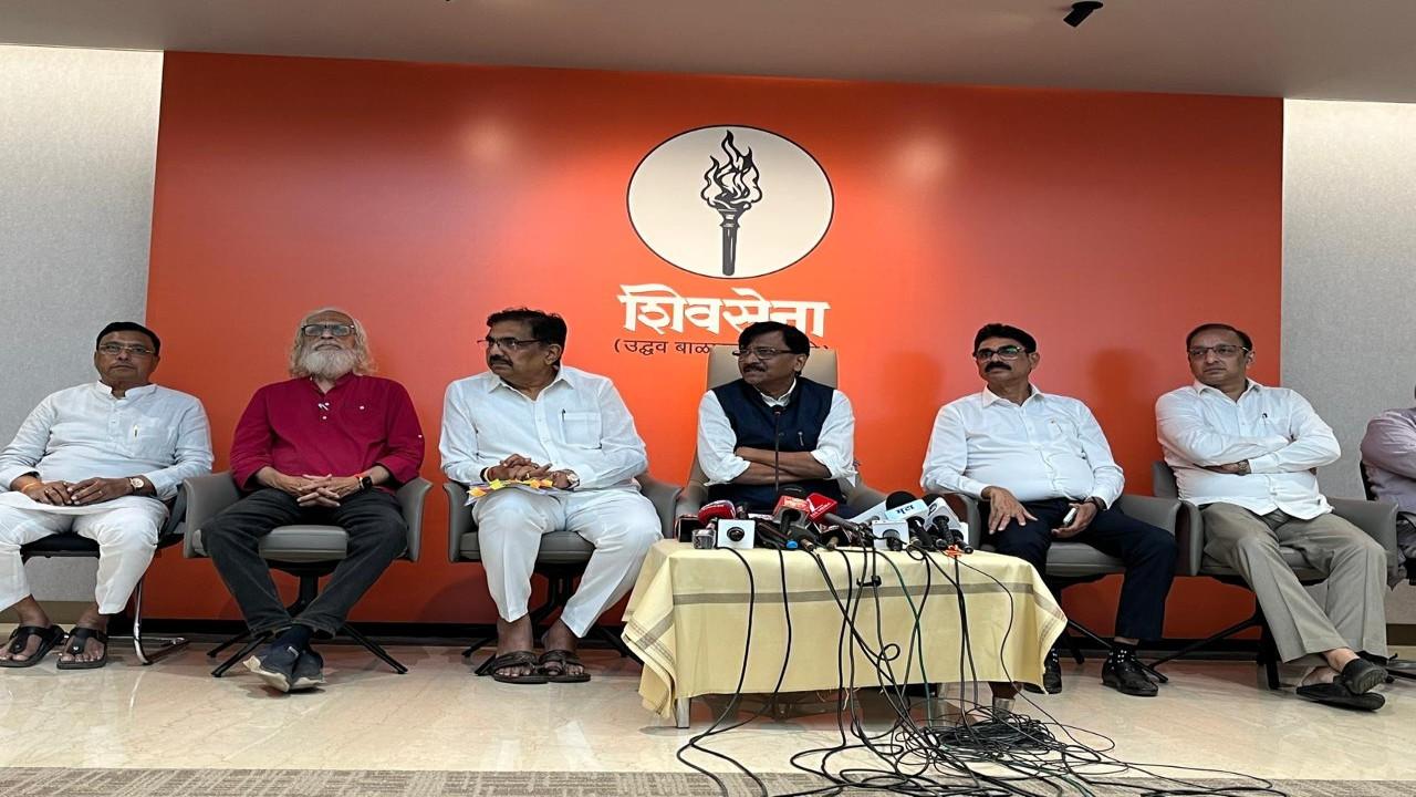 Opposition leaders Sanjay Raut, Jayant Patil, Bala Nanadgonakr, Prakash Reddy and Sachin Sawant address the media at Shiv Sena Bhavan in Mumbai on Sunday. PIC/ASHISH RAJE