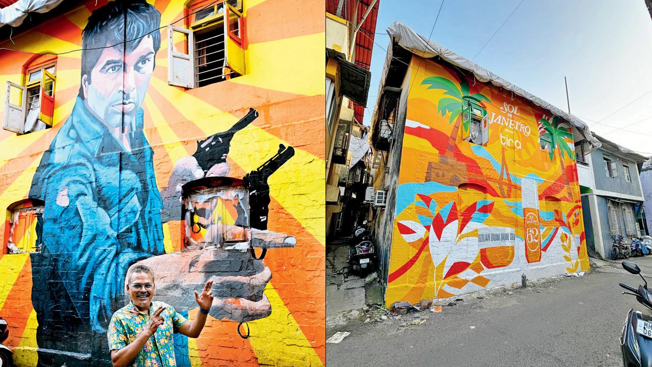 (From left) Ranjiet Dahiya poses with his mural. PIC/KIRTI SURvE PARADE; the wall now sports an advertisement for a skincare brand. PIC COURTESY/SHORMISTHA MUKHERJEE