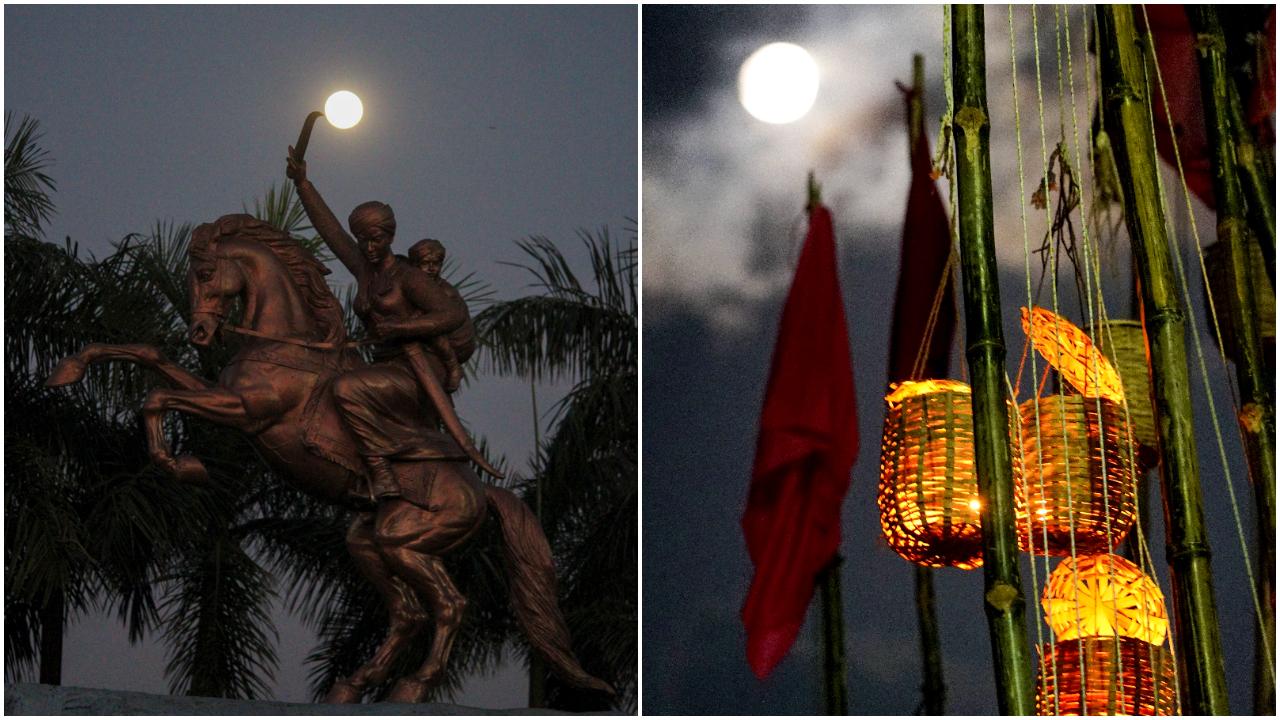 The Supermoon also illuminated the night sky on 'Sharad Purnima' at Panchganga Ghat in Varanasi, Uttar Pradesh, and was seen behind a statue of Rani Lakshmibai, in Solapur in Maharashtra, showcasing how Indians saw it from different angles during the night