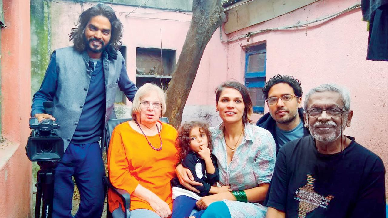 Somnath Waghmare (extreme left) with Gail Omvedt (in orange) and Bharat Patankar (extreme right). Pics Courtesy/Somnath Waghmare