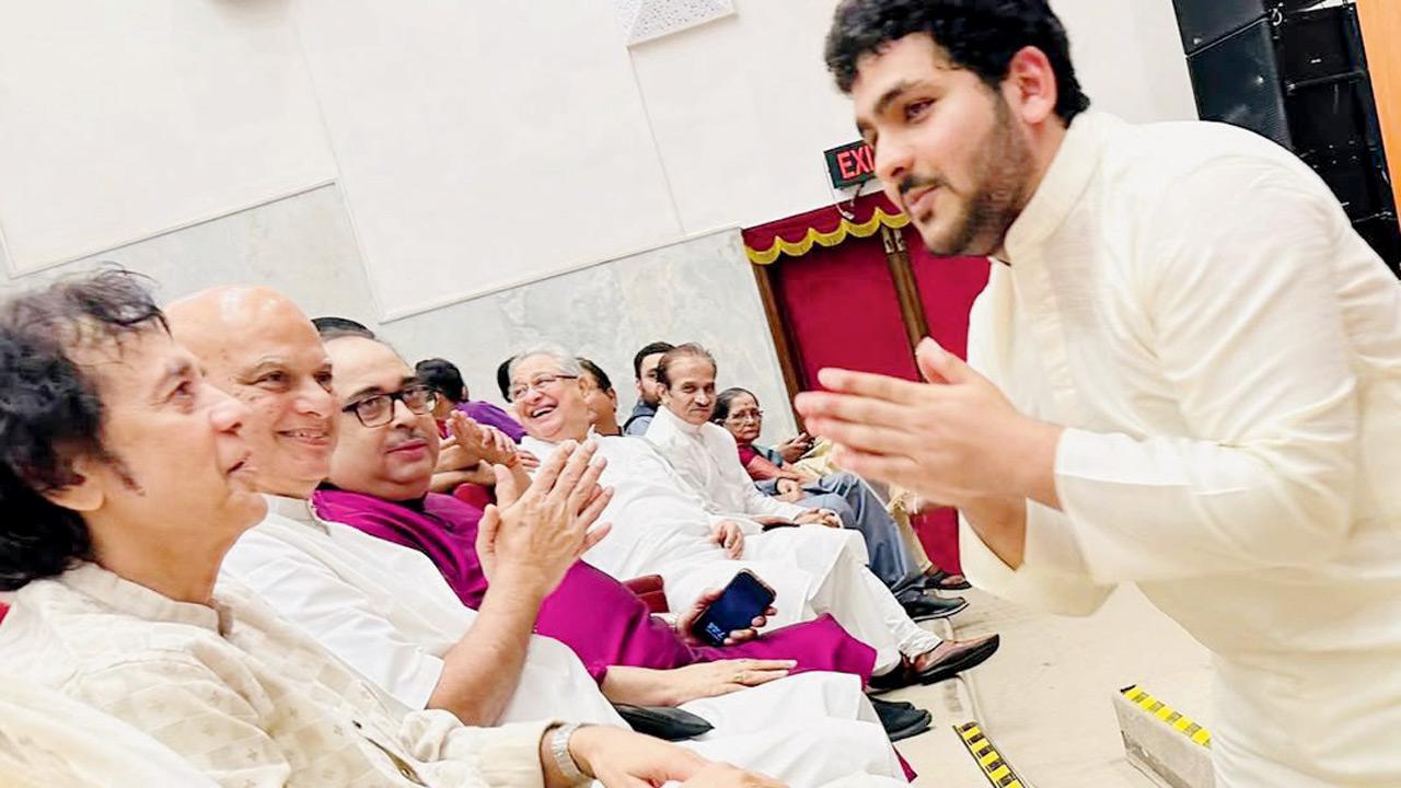 Raikar interacts with the late Ustad Zakir Hussain in Mumbai in 2024