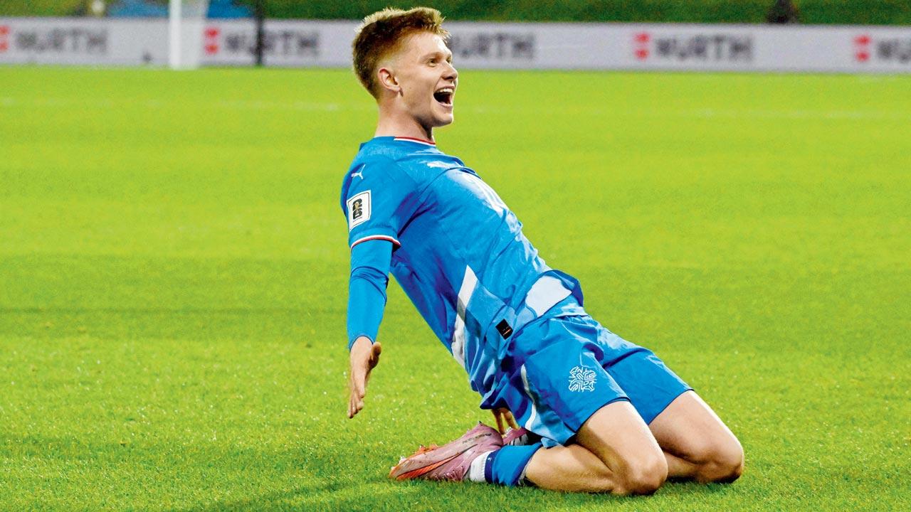 Iceland’s Kristian Hlynsson celebrates scoring the equaliser vs France on Monday