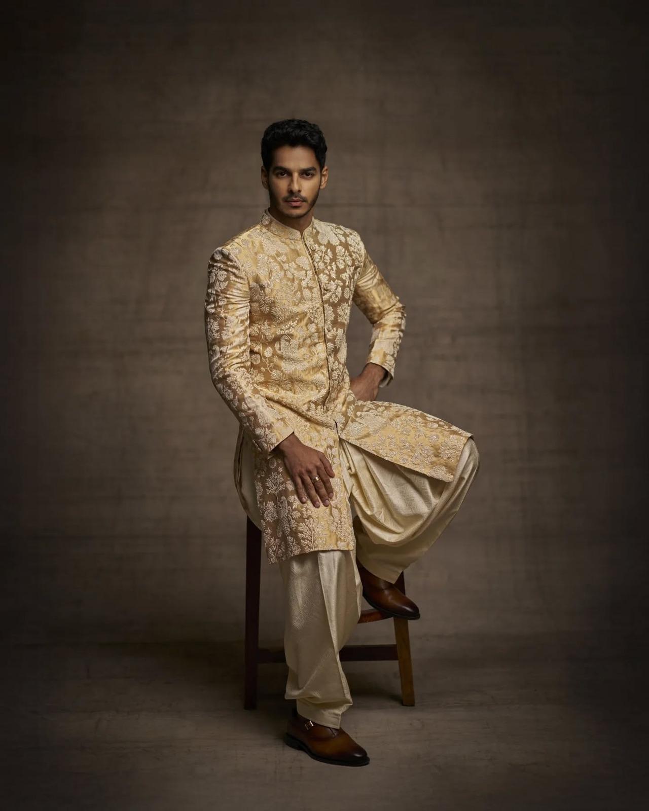 Ishaan Khatter went full regal in a golden sherwani from Label Advaya. The intricate floral embroidery added a perfect touch of luxury, while Ishaan’s youthful charm brought it all together.
