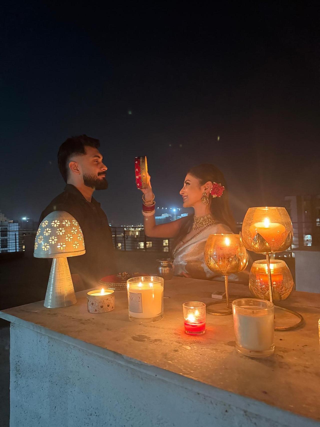 Mouni Roy and her husband Suraj Nambiar were also seen celebrating Karwa Chauth.