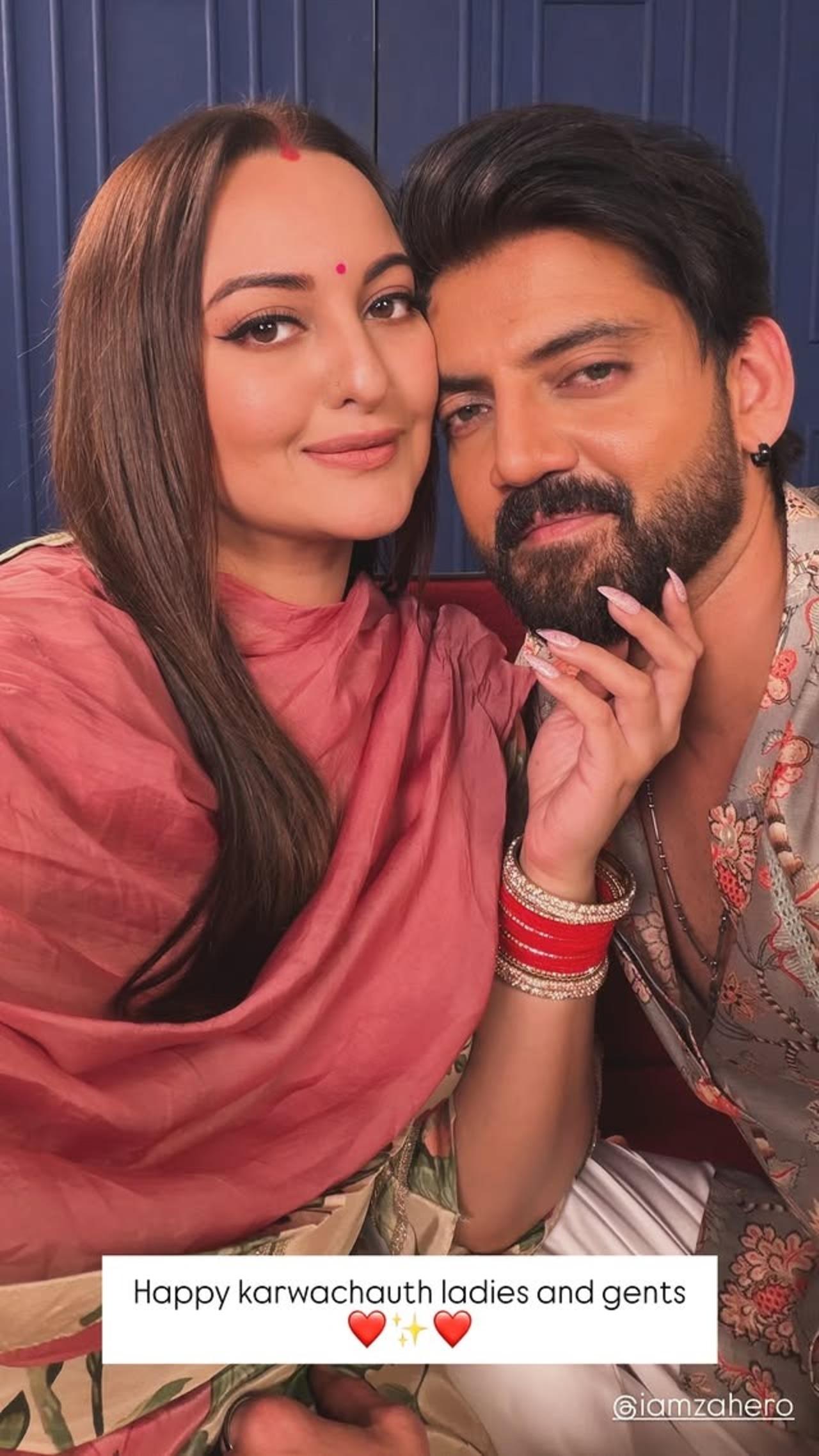 Sonakshi Sinha shared a picture with husband Zaheer Iqbal dressed in a pink suit with the chooda and sindoor as she wished fans on the occassion. 