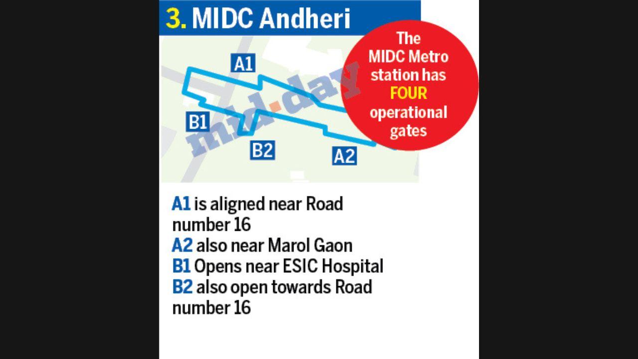 The southernmost terminal, Cuffe Parade, has four gates linking it with Navy Nagar, World Trade Centre and Colaba landmarks, while Vidhan Bhavan and Hutatma Chowk each boast eight exits, the highest on the line