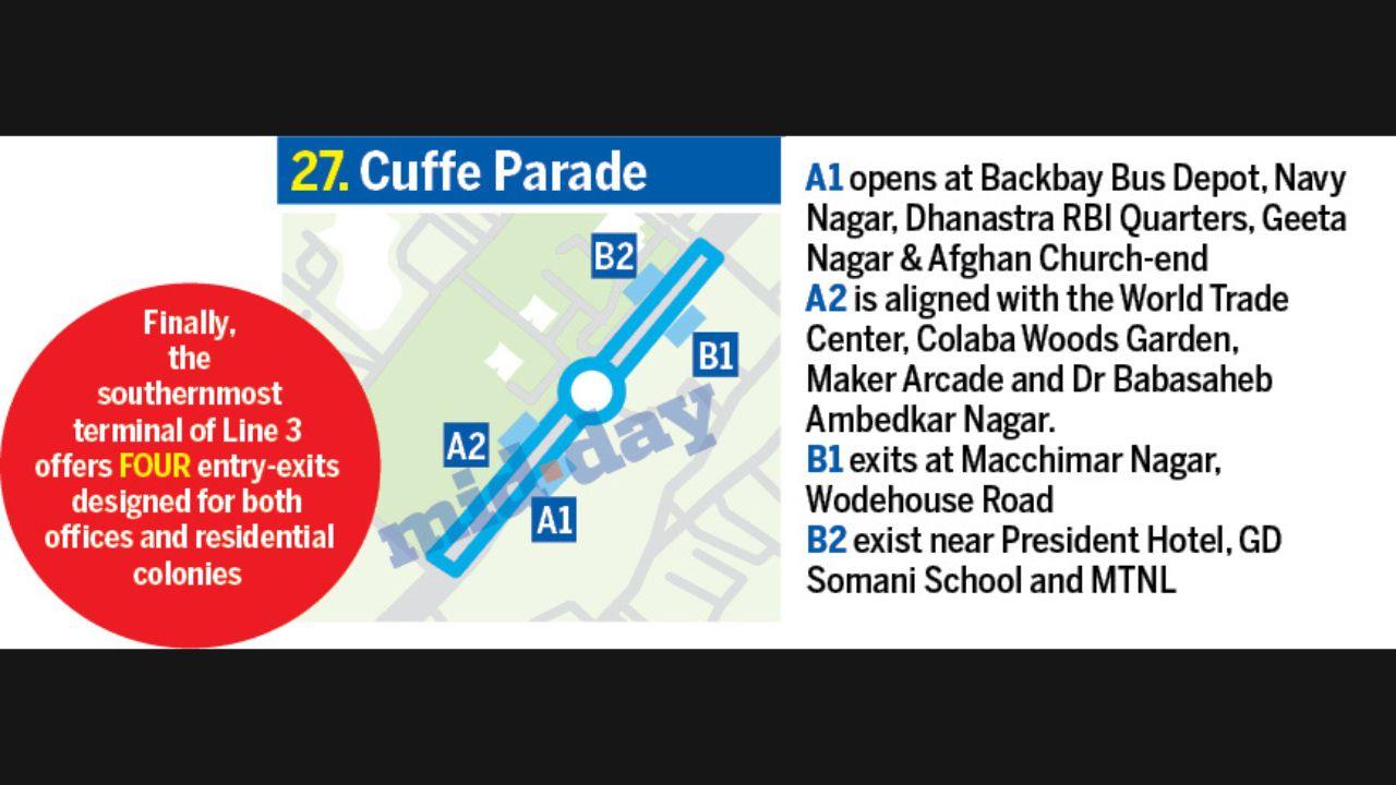 The Cuff Parade station offers four entry-exits to the metro Line 3 passengers