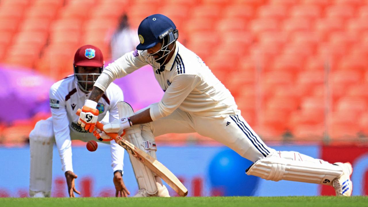 Ravindra Jadeja plays a shot during the first Test match against the West Indies in Ahmedabad (Pic: AFP)