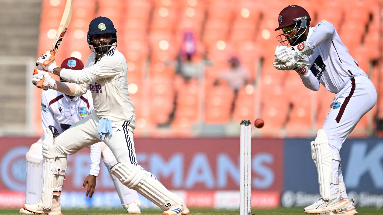 During the first Test match against the West Indies, Team India's Ravindra Jadeja remains unbeaten on the crease with a score of 68 runs