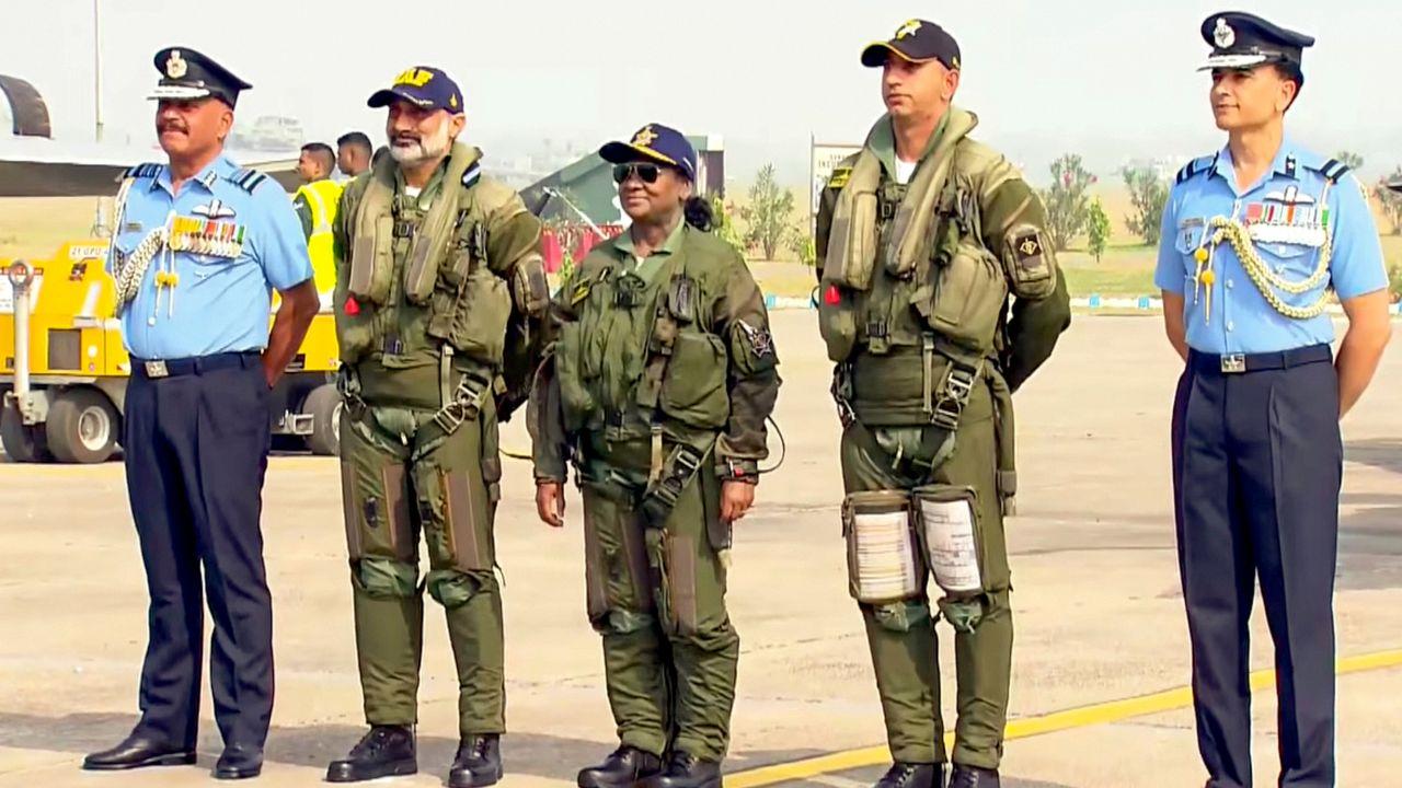 Droupadi Murmu becomes first Indian woman President to fly in Rafale fighter jet President Droupadi Murmu with Chief of the Air Staff Air Chief Marshal AP Singh. (Pic/PTI)