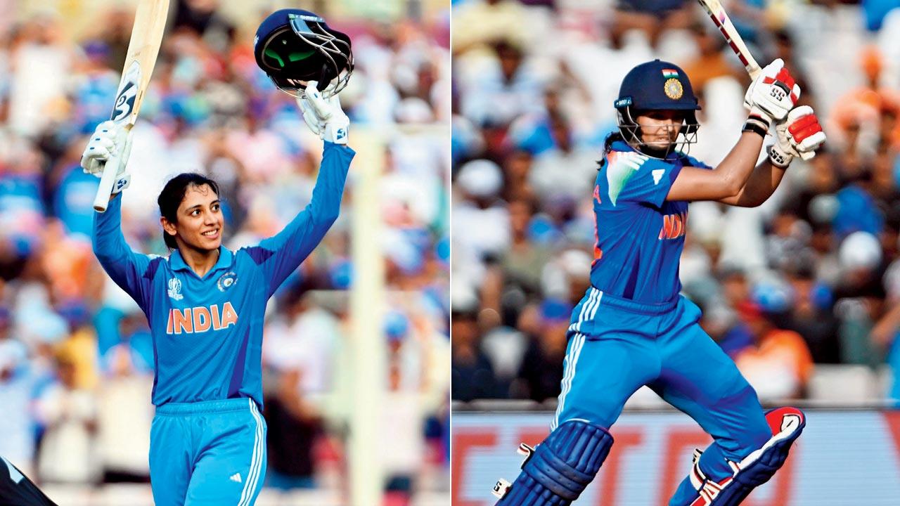 Smriti Mandhana celebrates her century against New Zealand on Thursday; (right) Pratika Rawal during her 134-ball 122 vs NZ at the DY Patil Stadium in Navi Mumbai on Thursday. Pics/Atul Kamble