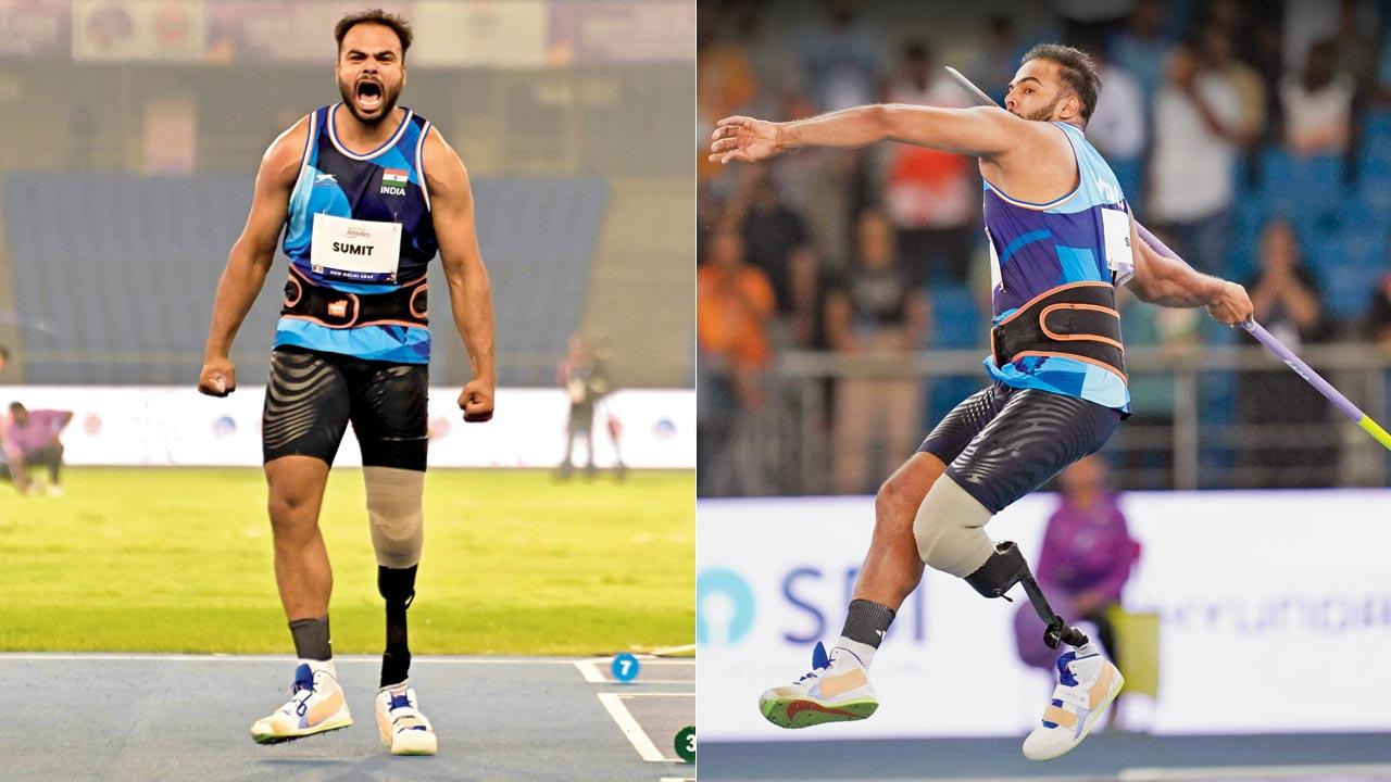 An ecstatic Sumit Antil; (right) India’s Sumit Antil during the T64 javelin throw final at the World Para Athletics Championships in New Delhi, on Tuesday. Pics/PTI