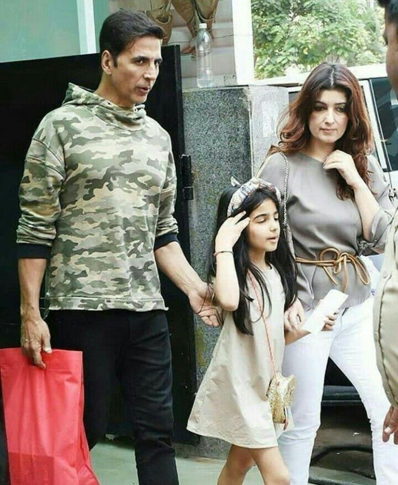 Akshay is seen doing his daddy duties as he carries bags while being spotted with daughter Nitara and wife Twinkle Khanna.
