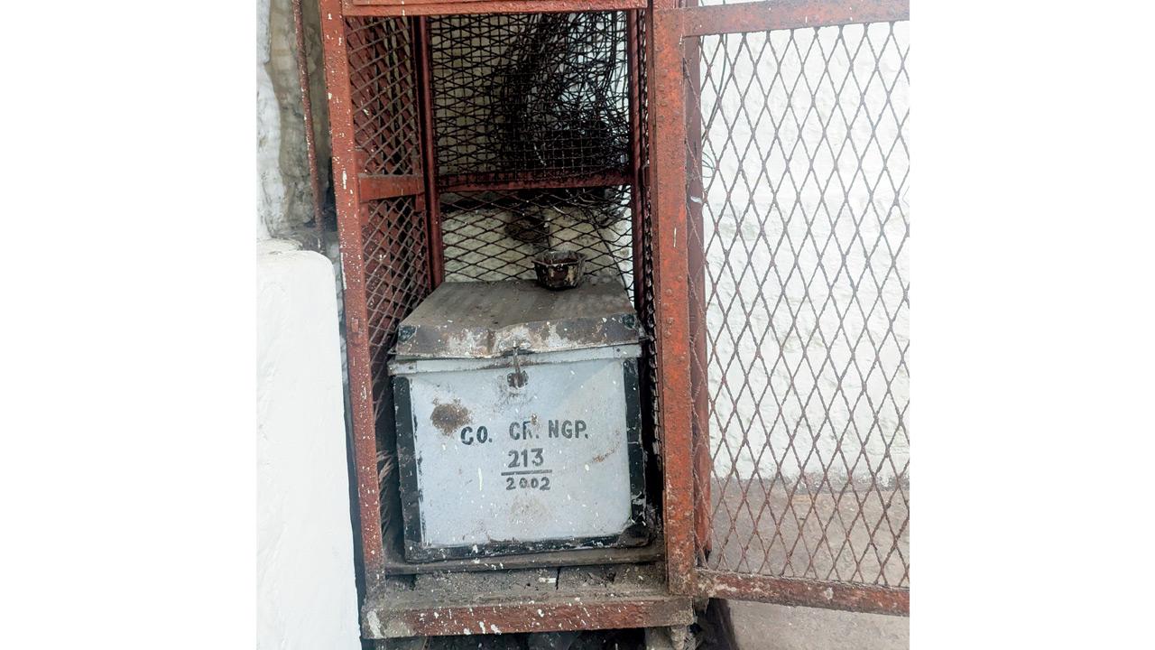 A 4x4-foot caged lift, which was hand-cranked until 1967, that was used to lower coffers into the strongroom