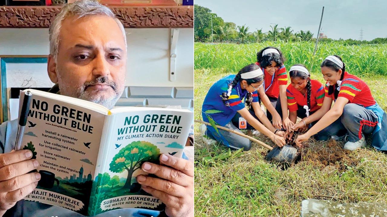 Subhajit Mukherjee reads the Climate Action Diary; (right) A previous plantation drive organised by the environmentalist 