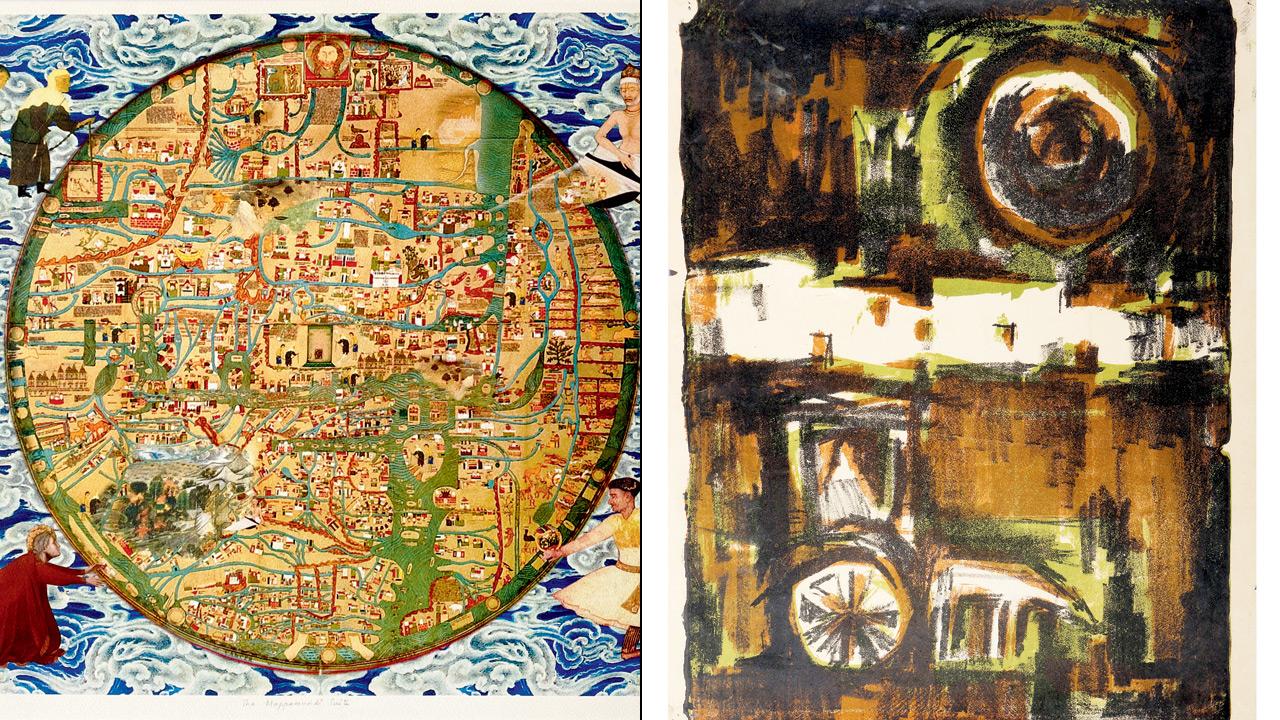 Gulammohammed Sheikh, Mappamundi, 2003-2004, digital collage; (right) Tonga in a Cityscape, 1963, lithograph. Pics Courtesy/artist and Vadehra Art Gallery 