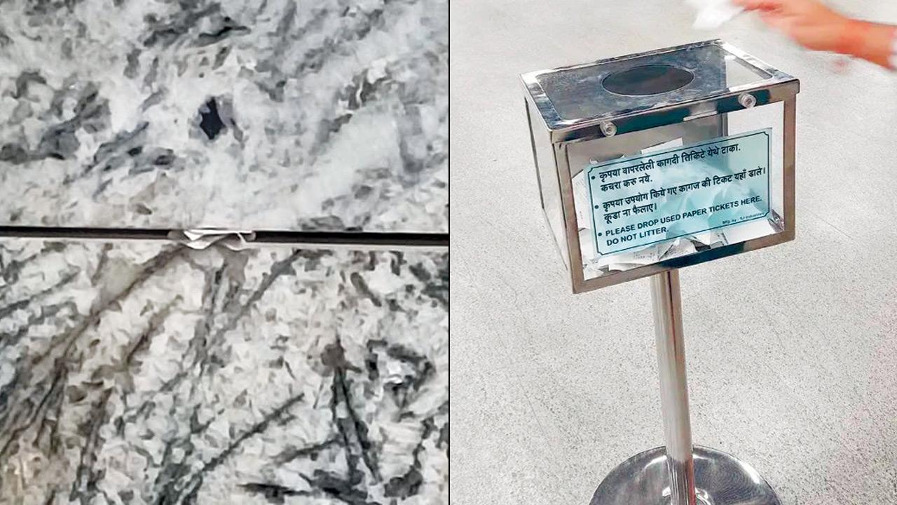 (Left) Tickets tucked in the gaps on the walls; (right) a ticket collection box