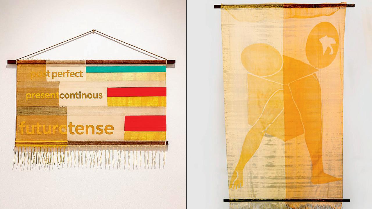 (From left) Tensed; In (not) cut from the same cloth by Lakshmi Madhavan.  Pics Courtesy/Rajiv Menon Contemporary Art Gallery