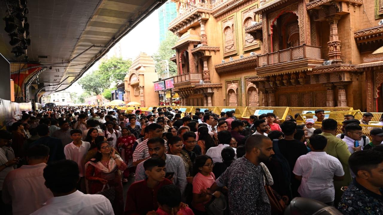 A large queue of devotees outside the Lalbaugcha Raja pandal on Monday