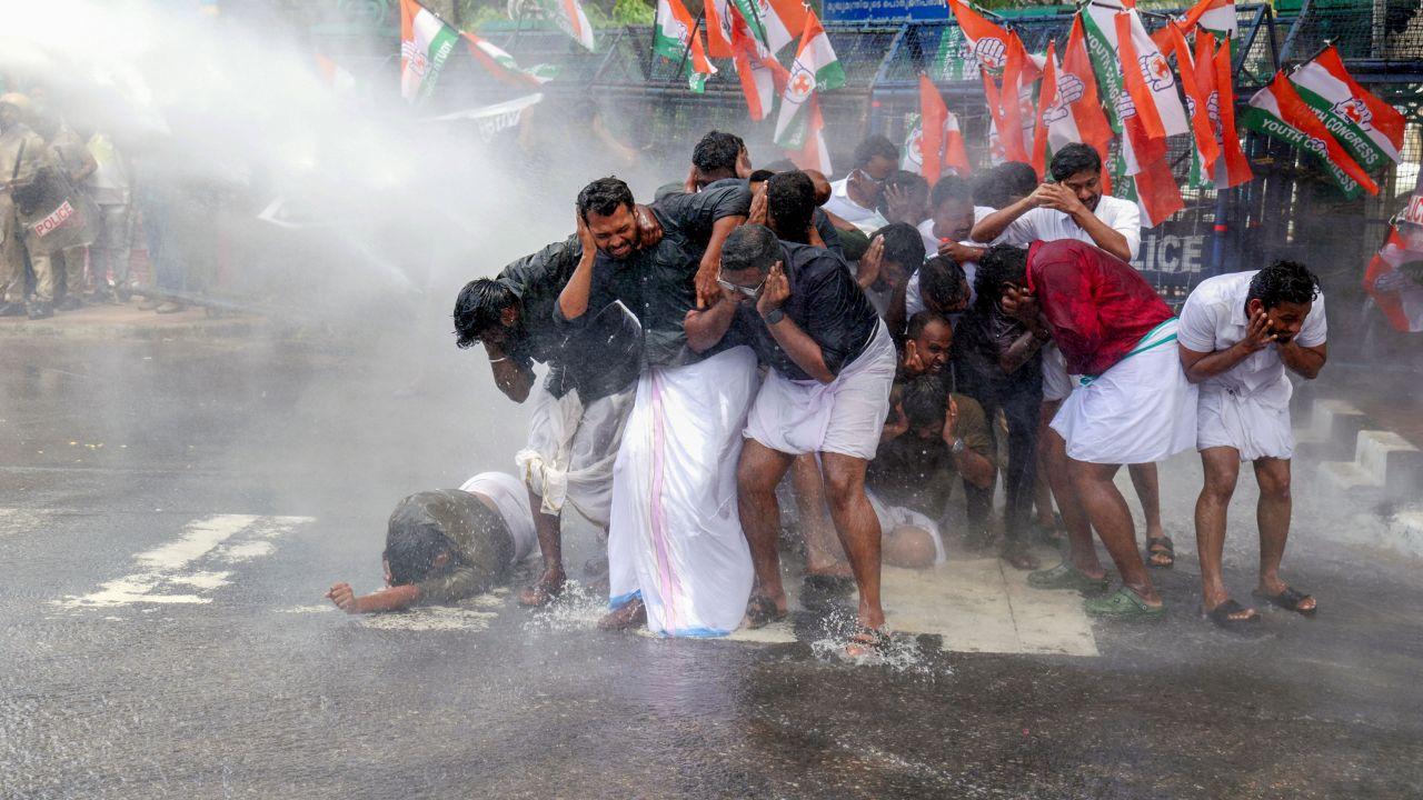 Water cannons were used to disperse Youth Congress activists protesting outside the Kerala Secretariat in Thiruvananthapuram on Monday. The demonstrators were demanding the dismissal of police personnel accused of brutally assaulting one of their leaders in custody at Kunnamkulam police station in Thrissur two years ago