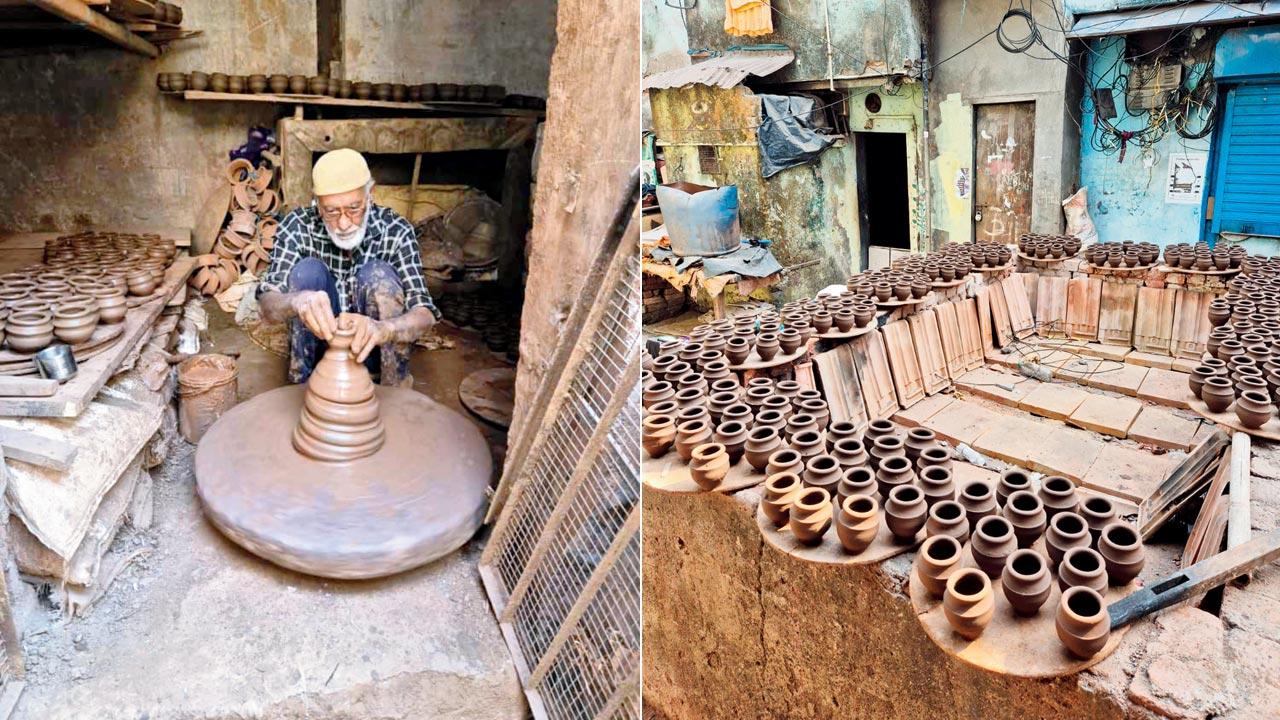 A potter works at his wheel in Kumbharwada; (right) A vast collection of clay pots at Kumbharwada, Dharavi. Pics Courtesy/INTACH greater mumbai chapter