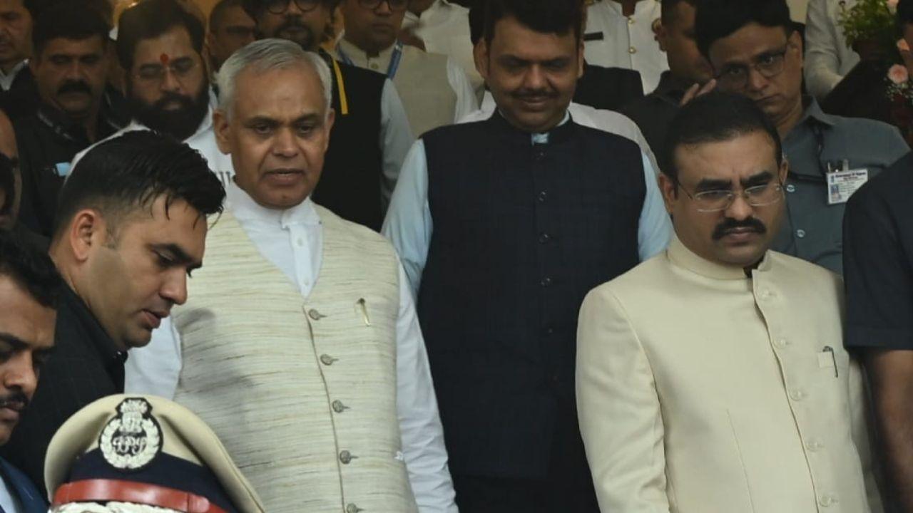 Acharya Devvrat with CM Devendra Fadnavis and Deputy CM Eknath Shinde at Raj Bhavan