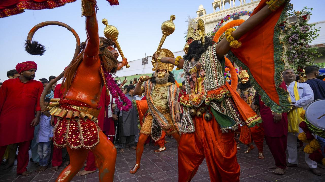 People dressed as Lord Hanuman at the 'Langure Mela' celebration. Photo Courtesy: PTI