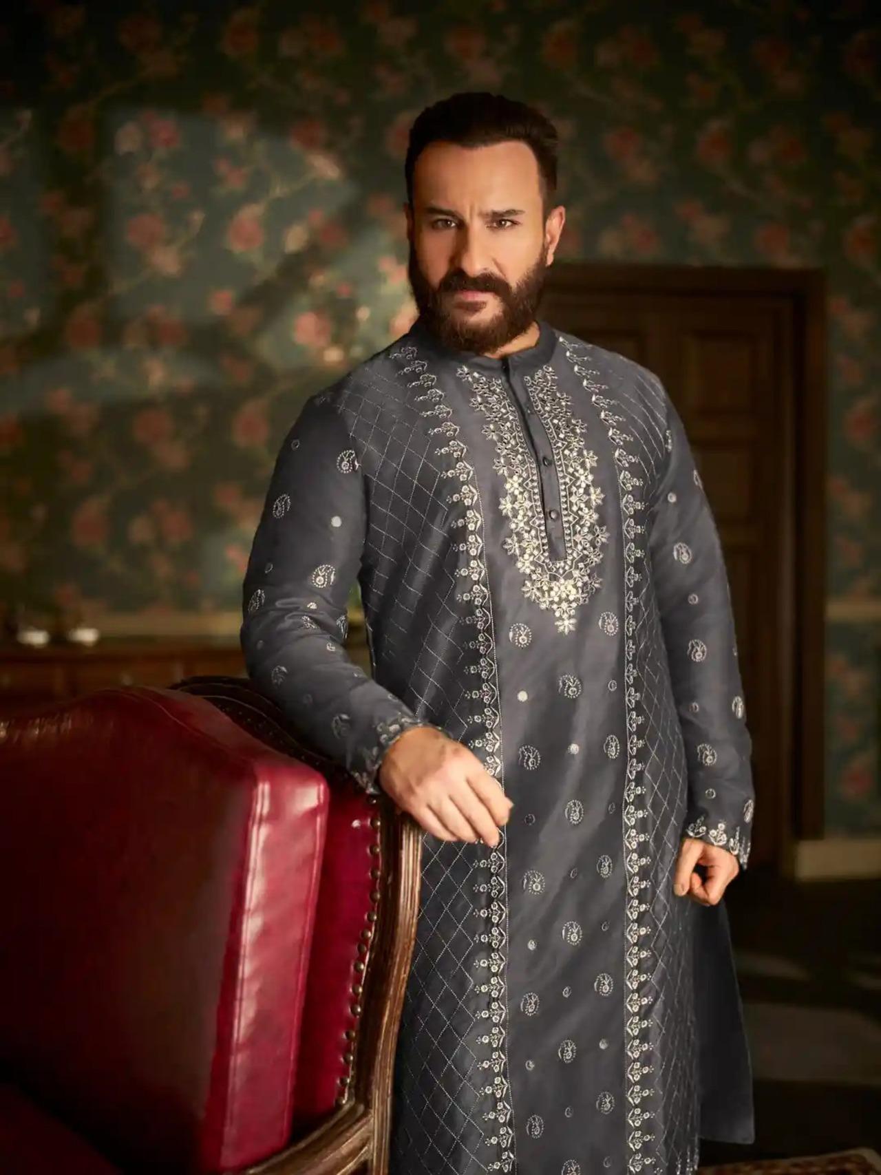 Saif Ali Khan exudes royalty and power in this dark grey kurta with golden traditional prints.