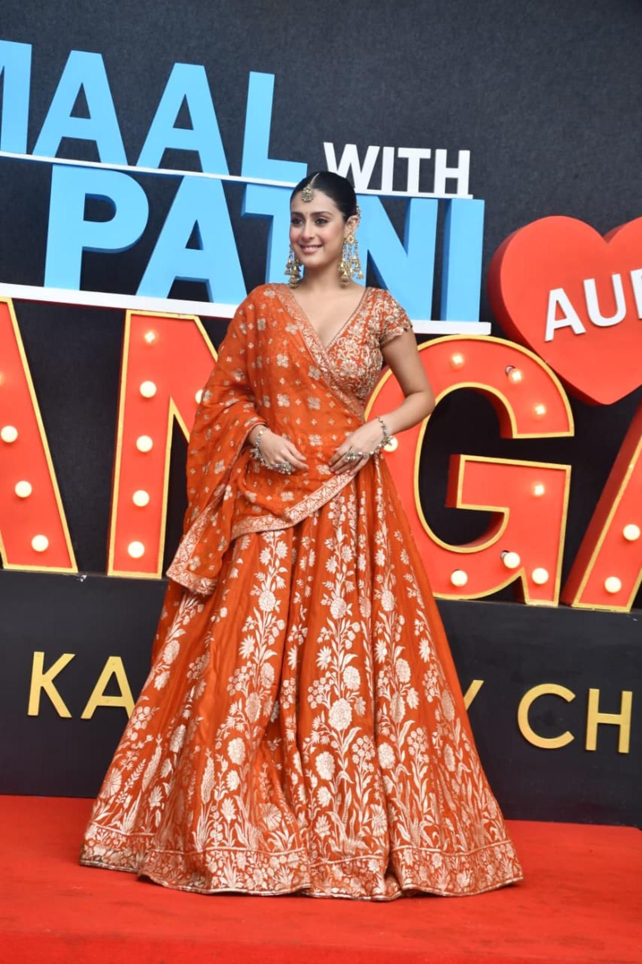 Isha Malviya goes for the iconic gold and orange combination. Isha goes for the diva vibes with this lehenga 