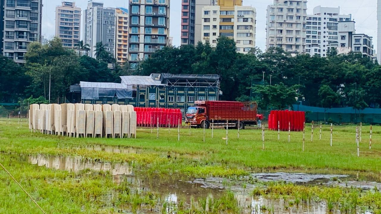 The water accumulation at the ground has raised concerns about preparations for the upcoming annual rally of Shiv Sena (UBT)