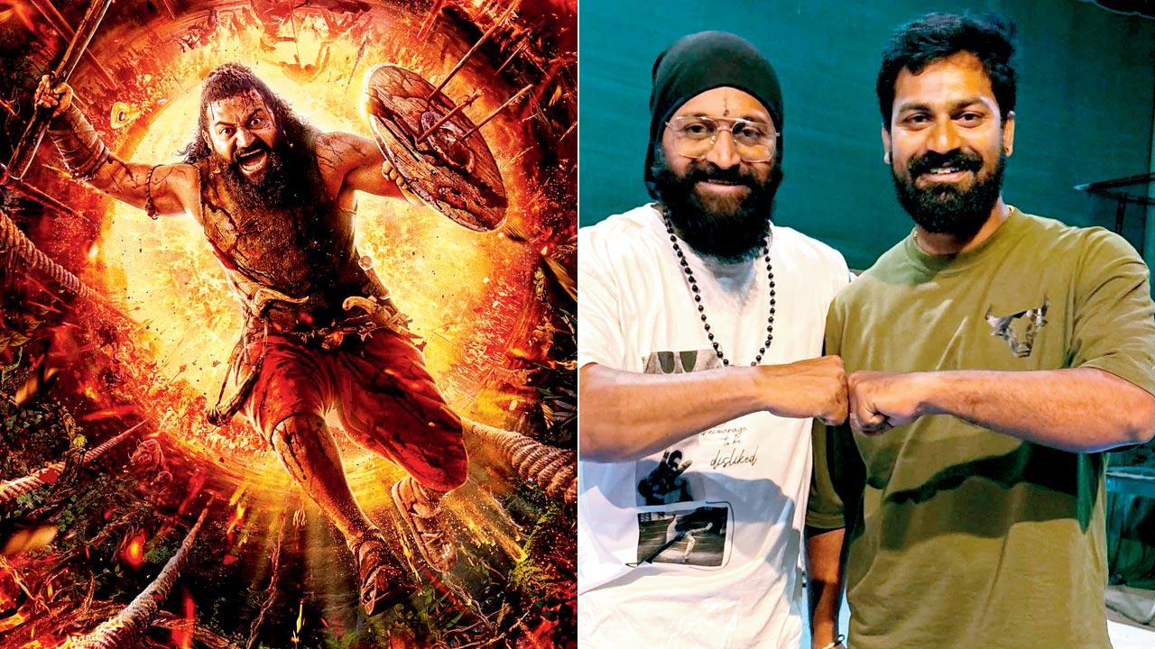 Rishab Shetty in the poster of ‘Kantara: Chapter 1’; (L-R) Rishab and Arjun Raj