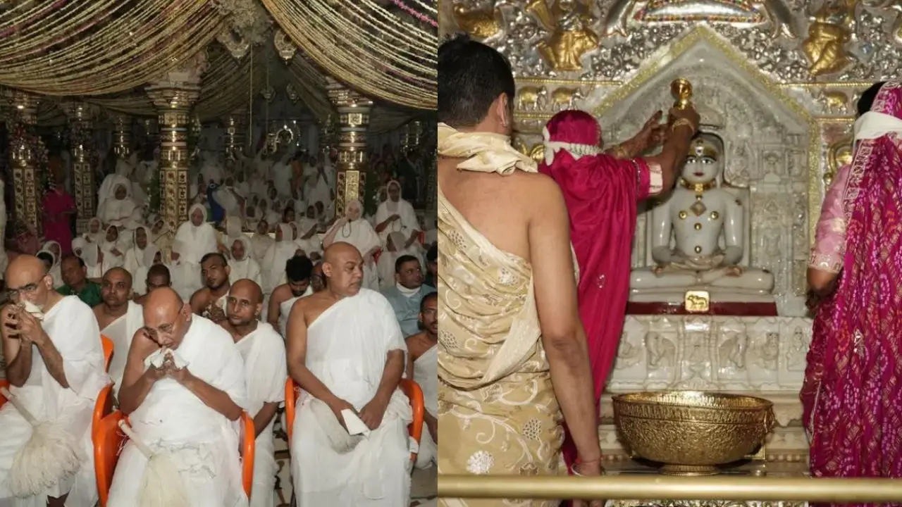 Devotees perform abhishek with sugarcane juice (ikshu ras) and offer prayers before the idol of the first Tirthankar Rushabhdev, continuing an age-old tradition&nbsp;