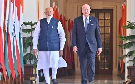 Prime Minister Narendra Modi with Austria's Chancellor Christian Stocker ahead of their meeting at Hyderabad House, in New Delhi. Pic/PTI