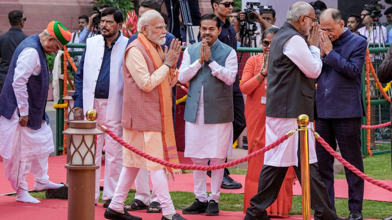 Vice-President CP Radhakrishnan and Prime Minister Narendra Modi greet during the tribute paying ceremony to Dr BR Ambedkar on his birth anniversary, observed as &lsquo;Ambedkar Jayanti&rsquo;.