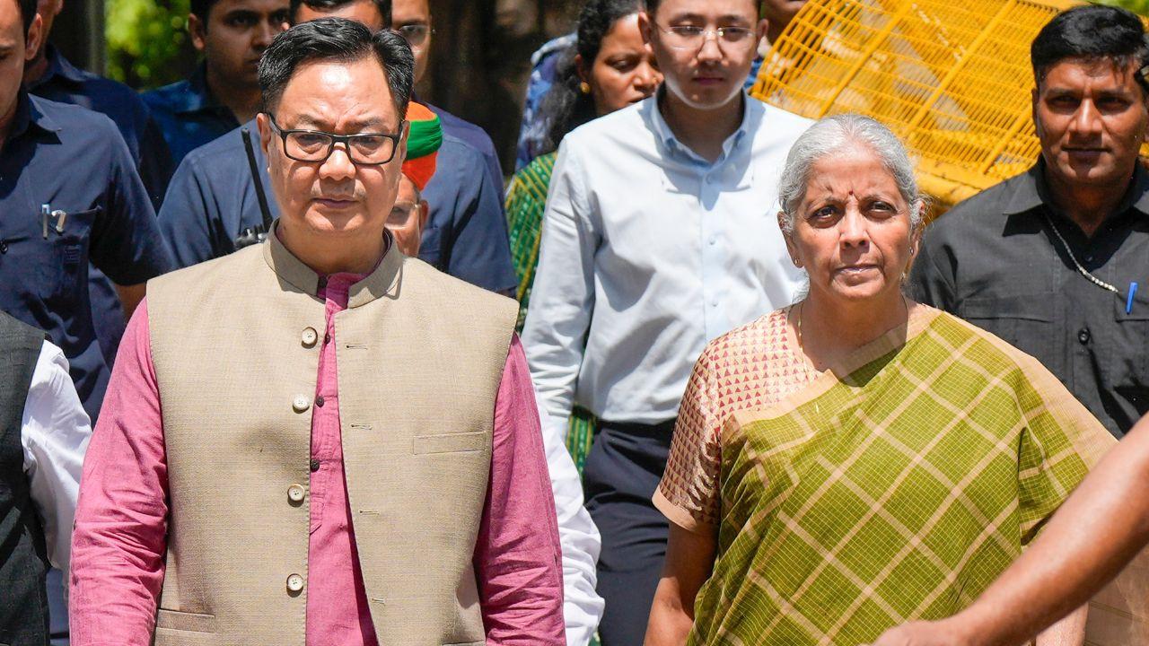 Union Parliamentary Affairs Minister Kiren Rijiju and Union Finance Minister Nirmala Sitharaman after a high-level BJP delegation meeting with ECI. Pic/PTI
