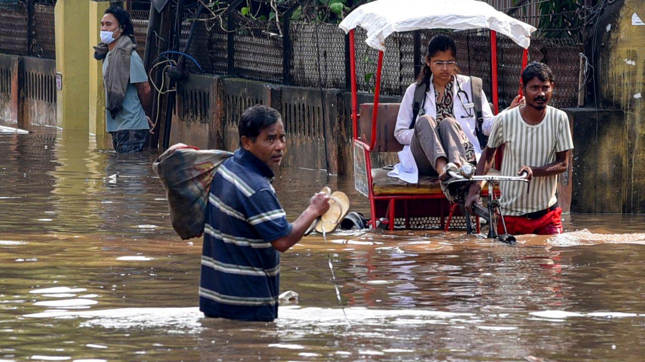 Massive waterlogging disrupted normal life in the Hatigaon and Anil Nagar localities of Guwahati due to incessant rains on Monday