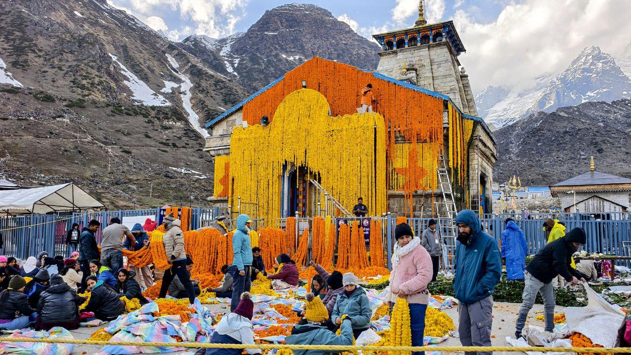 Workers decorate the Kedarnath Temple with vibrant floral garlands, giving the shrine a festive and divine look&nbsp;