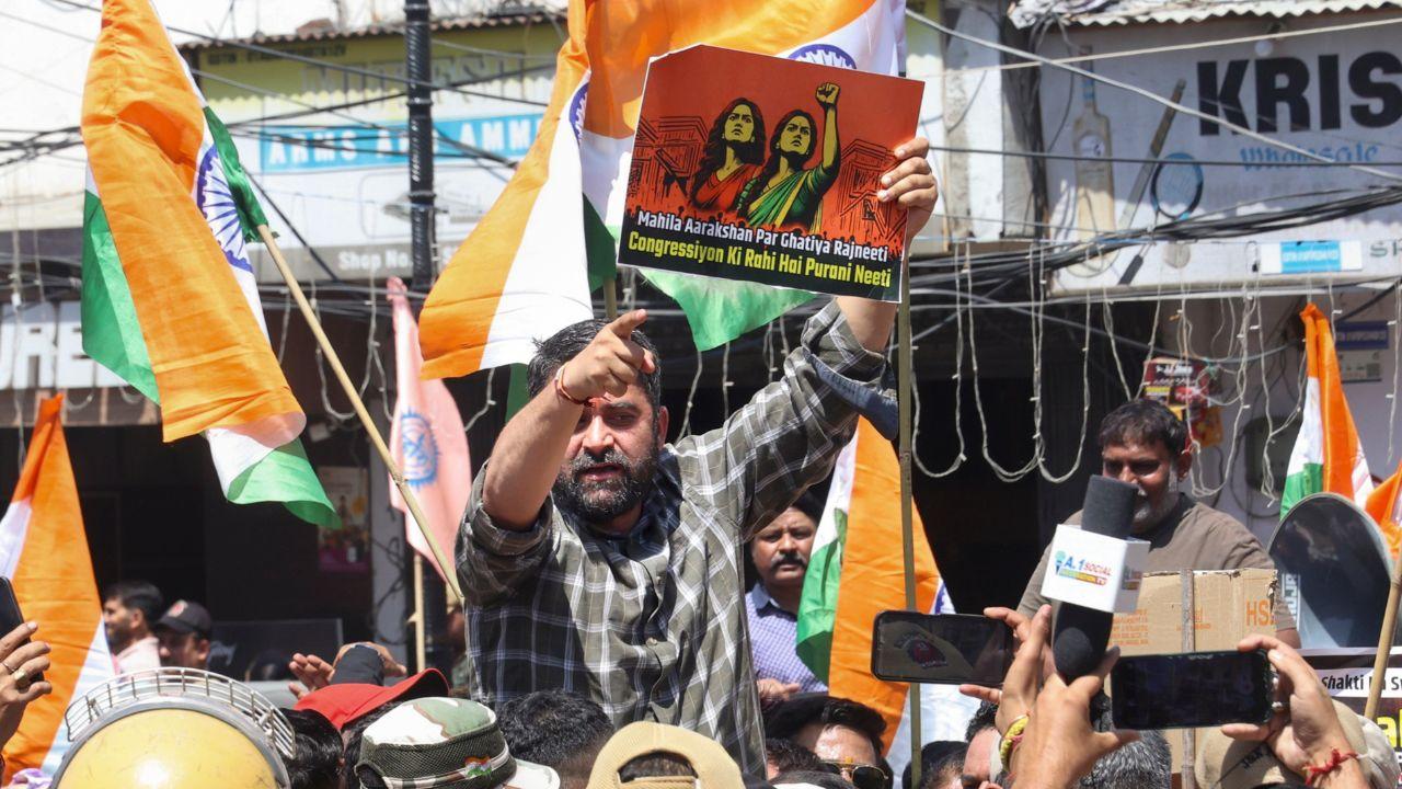 Led by senior leaders, including MP Sat Sharma, BJP activists take out the &lsquo;Jan Aakrosh Mahila Padyatra&rsquo; from Maharaja Hari Singh Park, raising slogans against the opposition for obstructing the Constitution amendment bill on women&rsquo;s quota